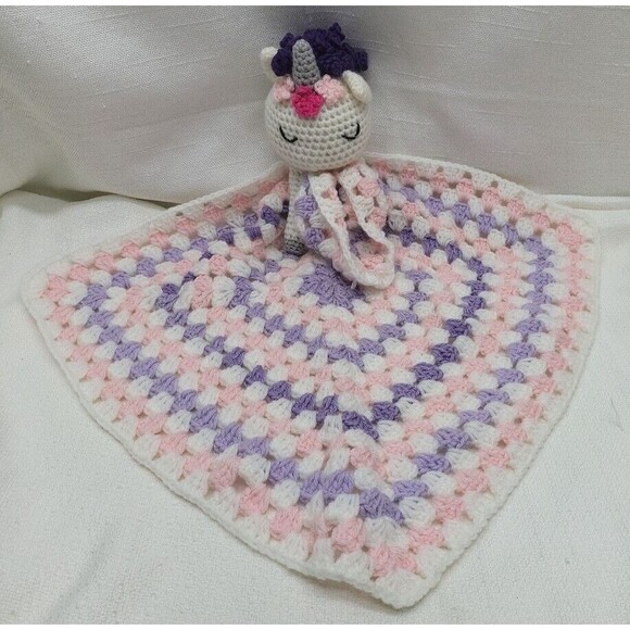 Crochet Unicorn , Floral Crown, Pink, Purple, Baby Security Blanket, Handmade - Picture 1 of 16
